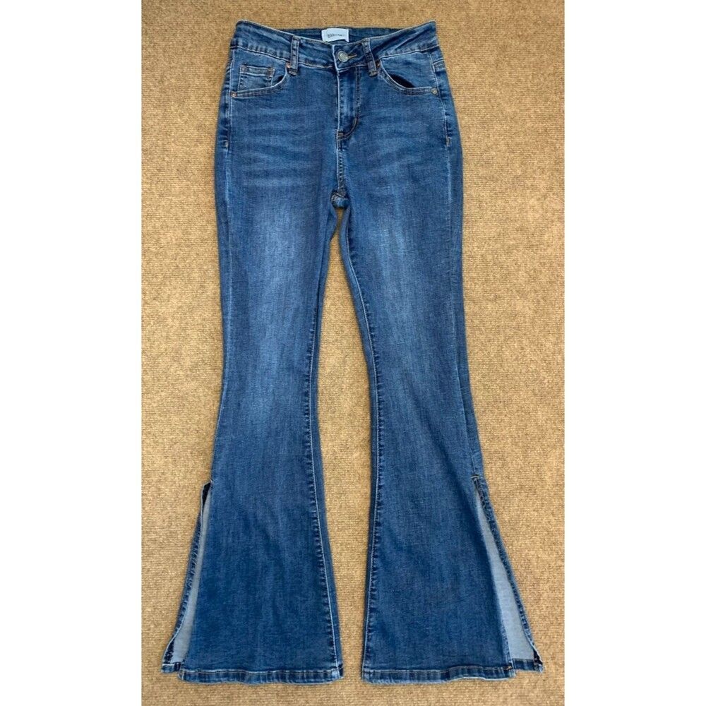 Bamboo Split Hem Flare Jeans Womens 7 (26x29) Mid Rise Whiskered Stretch Denim